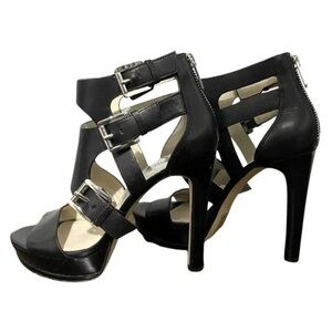 Michael Kors Lucinda Black Zip Leather Open Toe High Heel Pumps Platform Heels